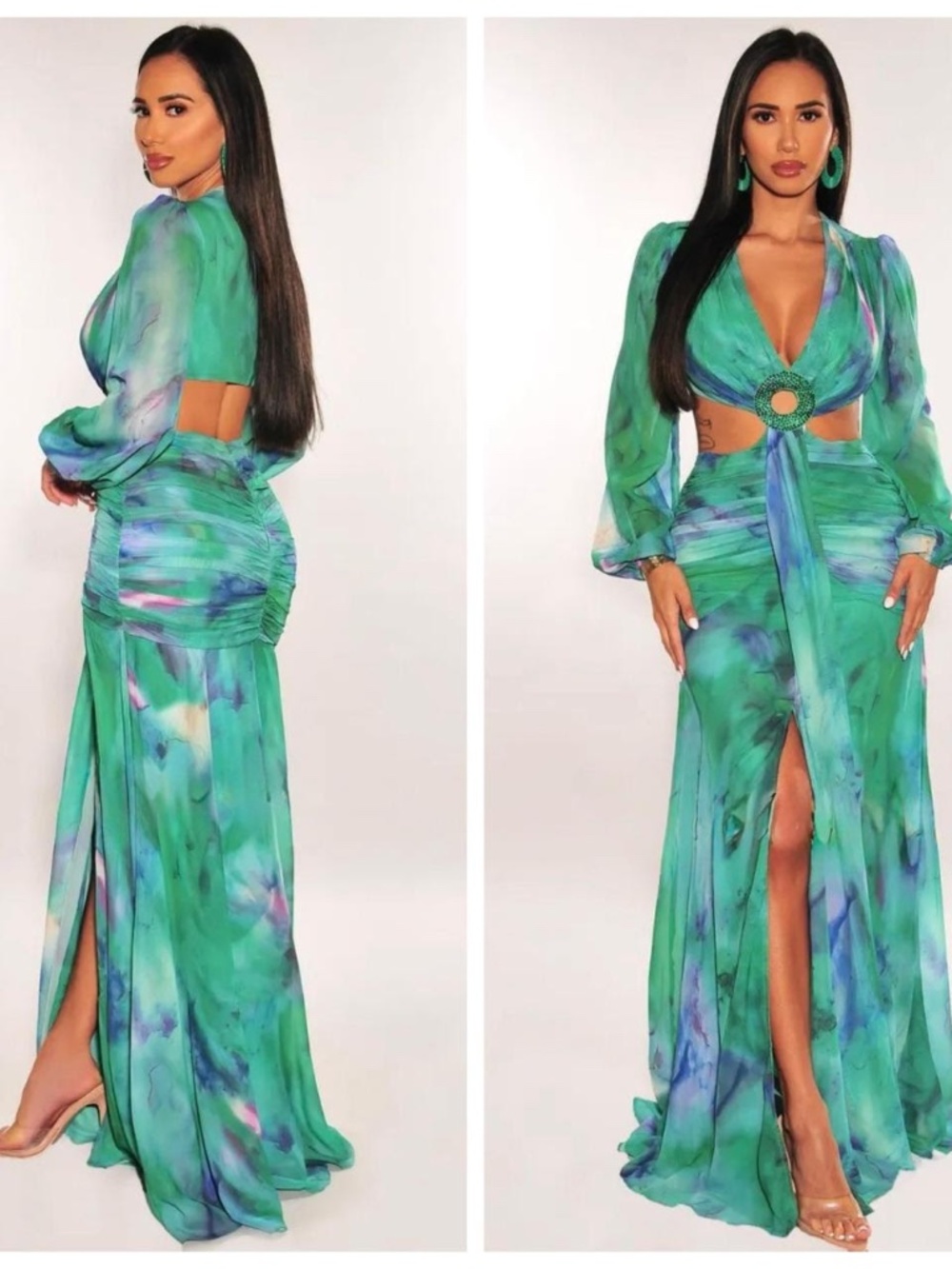 Banjul Emerald Green Tie Dye Cutout O Ring Maxi Dress